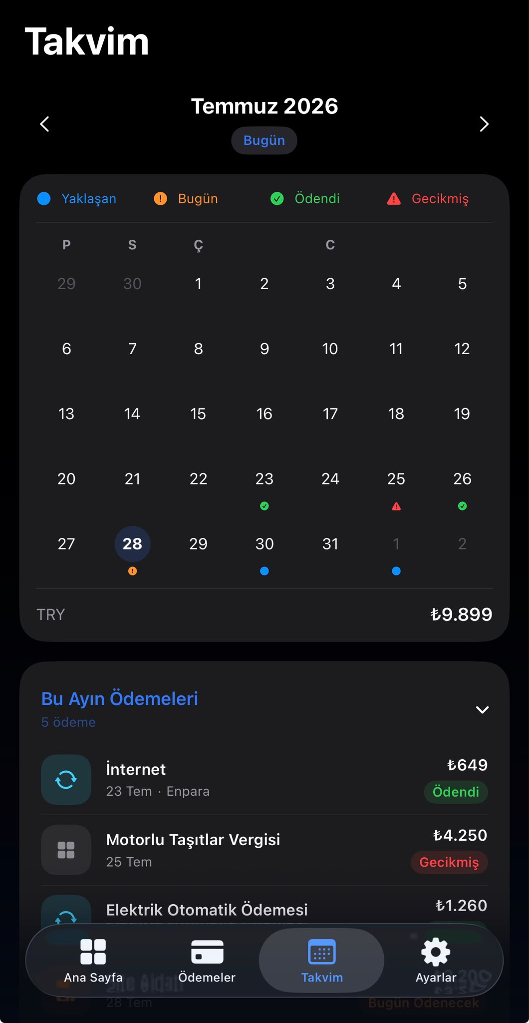 PayPilot calendar showing upcoming and overdue payments