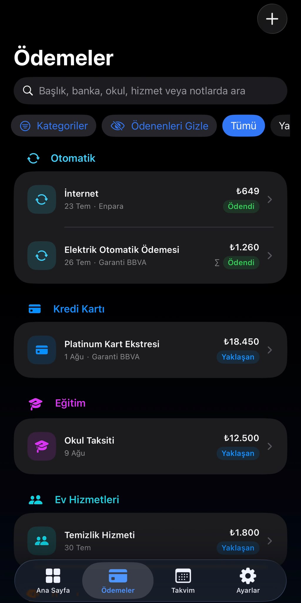 PayPilot payment list grouped by category