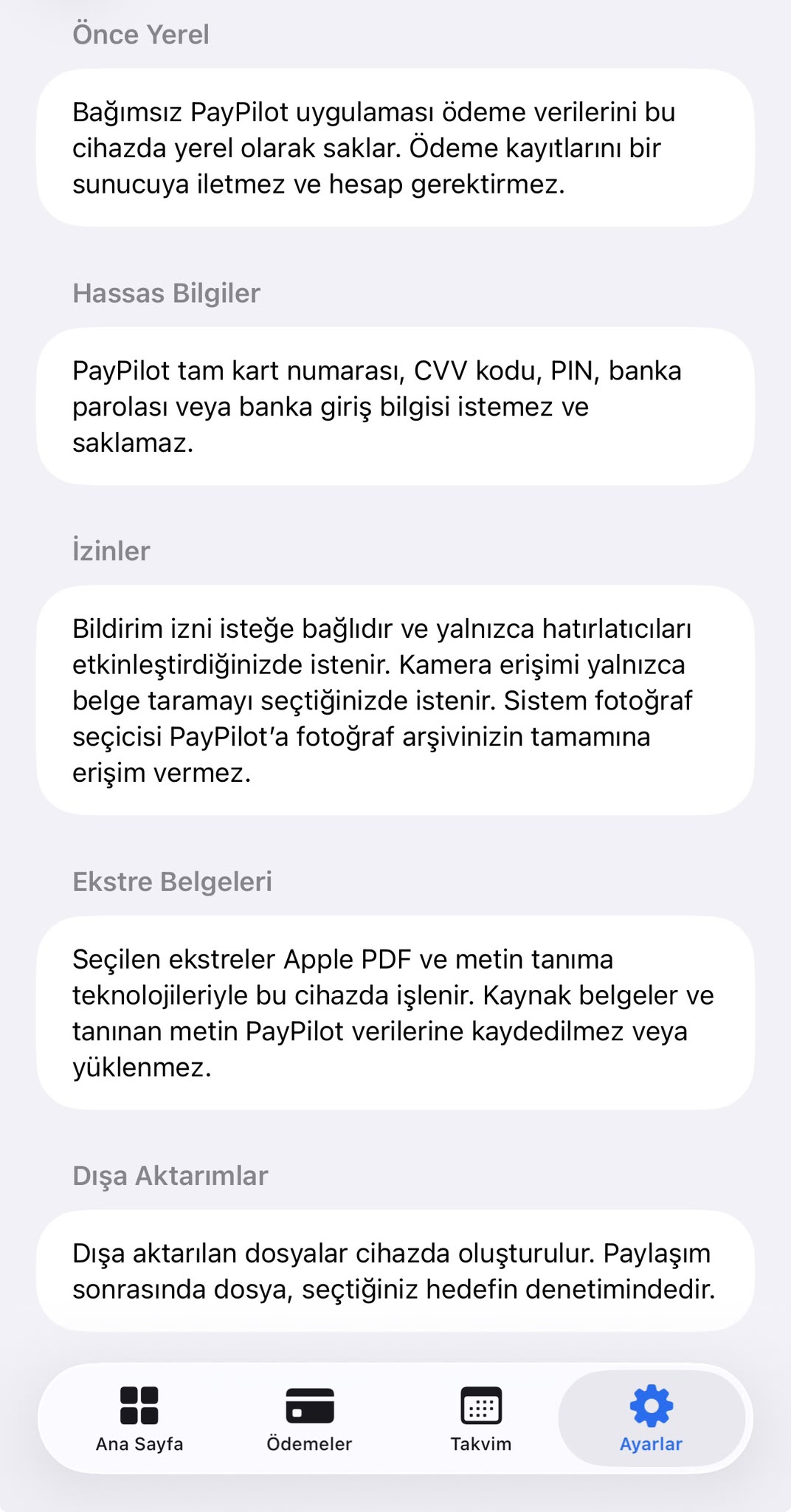 PayPilot privacy and local processing information